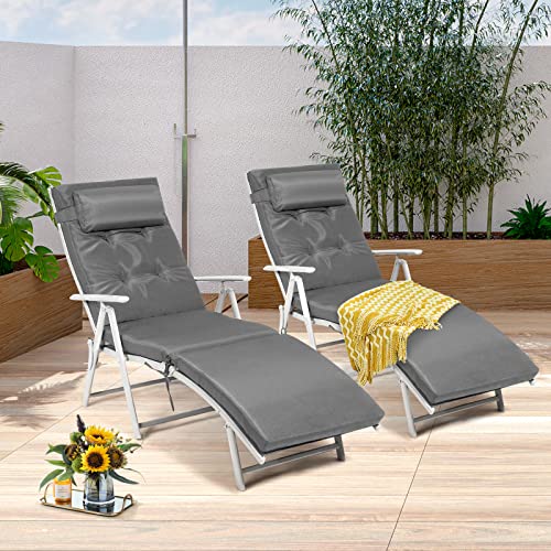 Giantex Chaise Lounge Chair for Outside, Pool Folding Reclining Beach Chair W/Removable Cushion&Headrest Pillow, Outdoor Lounge Chaise w/ 7 Backrest Positions, Portable Patio Lounger (1, Grey) - color: Grey