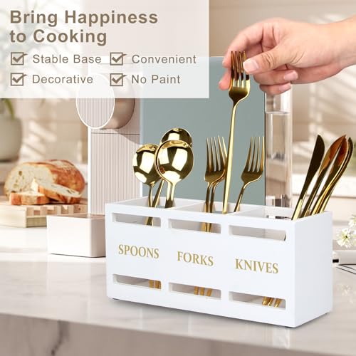 Ayiaren Wood Flatware Silverware Caddy White Cutlery Holder Kitchen Utensils Holder for Party Wooden Silverware Organizer for Countertop Knife Spoon and Fork Holder Table Utensil Caddy Organizer - color: White (Gold Font)