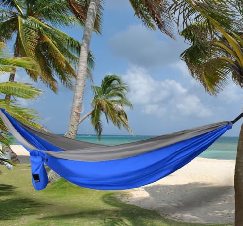 Gold Armour Camping Hammock with Bug Net - XL Double Hammock Portable Hammock Camping Accessories Gear Mosquito Bug Net Set for Outdoor Indoor, USA Based Brand (Blue & Gray)