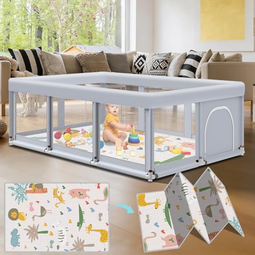Fshibila 74" ×50" Large Baby Playpen, Baby Playard for Babies and Toddlers, Play Pens for Indoor & Outdoor, Sturdy Safety Play Yard with Soft Breathable Mesh, Anti-Fall, Grey (with MAT) - color: Grey, size: 74 x 50 IN+MAT