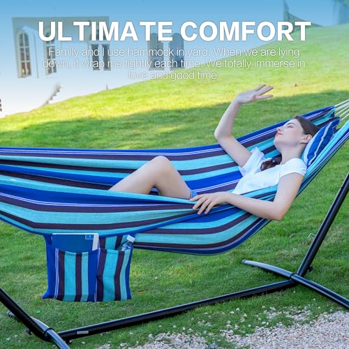 PNAEUT Double Hammocks with Stand for Outside, Portable Space Saving Heavy-Duty Steel Stand for Indoor Outdoor Patio with Carrying Bag, 450 lbs Capacity (Blue Lagoon) - color: Blue Lagoon