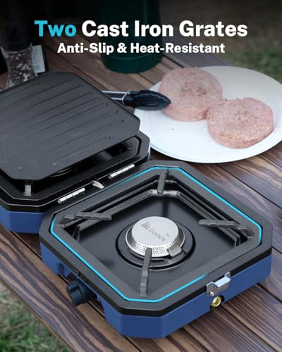 Gonex Camping Stove with 2 Burner Griddle & Grates, Portable Foldable Cooking Stove with Total 16,000 BTU, Two Piezo Ignition Adjustable Burners for Camping (Blue) - color: Blue