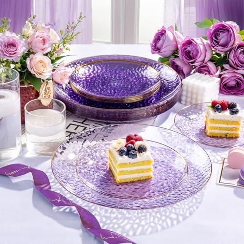 Rubtlamp 60Pcs Clear Purple Gold Plastic Plates, Purple Disposable Plates With Gold Rim, Hammered Plastic Plates Include 30 Clear Dessert Plates, 30 Dinner Plates for Party - color: Clear Purple Gold