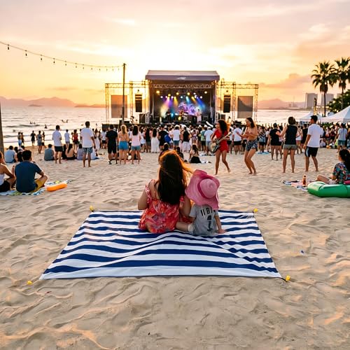 Pocket Blanket 71"x55", Lightweight Compact Sandproof Waterproof Outdoor Blanket for Beach, Hiking, Camping, Travel, Festivals, Picnic with Pockets, Loops, Stakes, Carabiner - color: White Blue