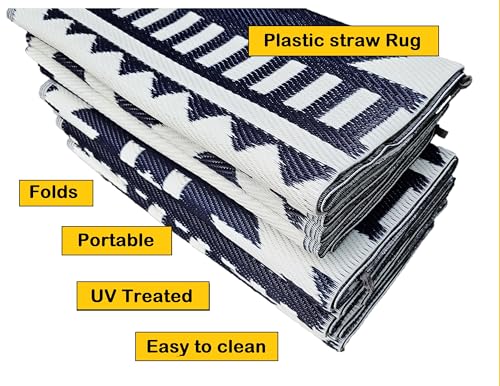 Outdoor Rugs 9x12 ft Large Plastic Patio Grey Dark Blue Affordable Multipurpose Woven Plastic Straw All-Weather Waterproof Reversible Camper mat Backyard Picnic Sports Camps Tent 7575 - color: Blue, Grey, size: 9' x 12' (Rectangular)