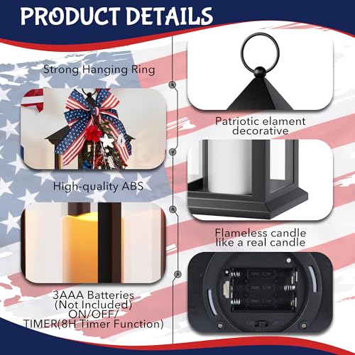 Patriotic Lanterns Decorative Indoor, 2 Pack Black Lantern with Timer Flameless Candle, 14" Battery Waterproof Outdoor Hanging 4th of July Lanterns for Porch, Patio, Patriotic Decorations - color: Patriotic-2pcs