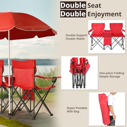 Double Folding Camping Chair W/Umbrella Fold Up Table Beverage Holder Carrying Bag Cooler for Patio Pool Park Outdoor Beach, Picnic, Portable (Red) - color: Red