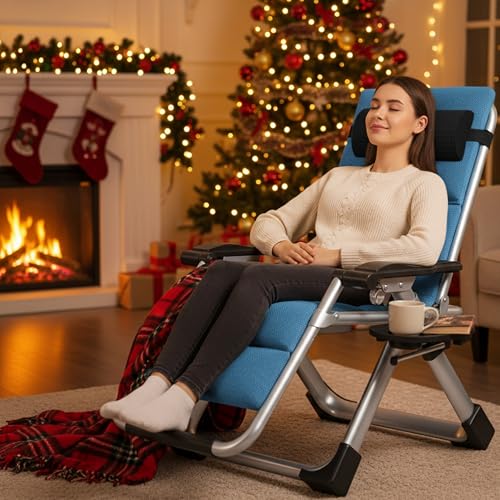 ABORON Zero Gravity Chair,Premium Outdoor Lawn Folding Lounge Chairs,Sturdy Adjustable Reclining Patio Chairs with Removable Cushion,Headrest & Tray - color: Sliver & Sky Blue