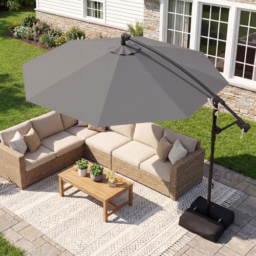 Tangkula 10ft Patio Umbrella with Base Included, Offset Cantilever Outdoor Umbrella with 360 Degree Rotation, Crank Handle, Sun-Protective Canopy for Pool Deck Garden Backyard (Gray) - color: Gray, size: 10 FT