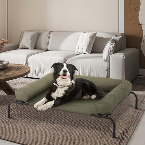 MoNiBloom Outdoor Elevated Dog Bed w/Removable Bolster, Portable Raised Outdoor Dog Bed with Stable Anti-Slip Feet & Breathable Mesh, 42 Inches Length, Dark Green - color: Dark Green, size: 42"L
