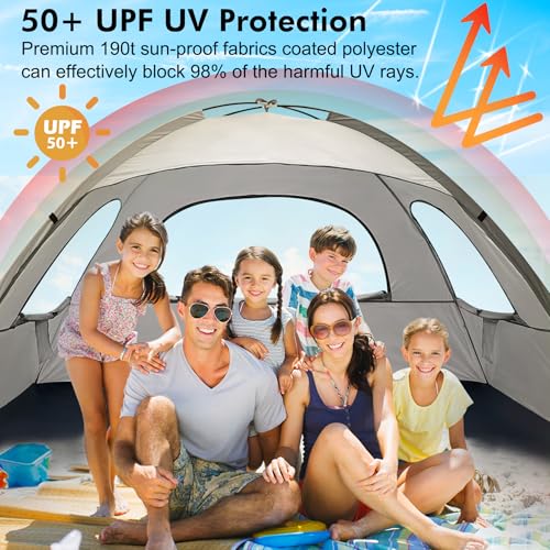 WhiteFang Beach Tent Anti-UV Portable Sun Shade Shelter for 3/4/6/8 Person, Extendable Floor with 3 Ventilating Mesh Windows Plus Carrying Bag, Stakes and Guy Lines - color: Baby's Breath, size: 6 Person