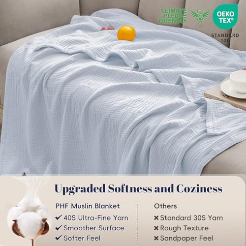 PHF 100% Cotton Muslin Blanket Twin XL Size 66"x90", 4-Layer Lightweight Gauze Throw, Breathable Cloud-Soft Minimalist Blanket for Bed, Couch, Camping, Ancient Water, Ideal Gift - color: 05 - Ancient Water, size: Twin XL(66"X90")