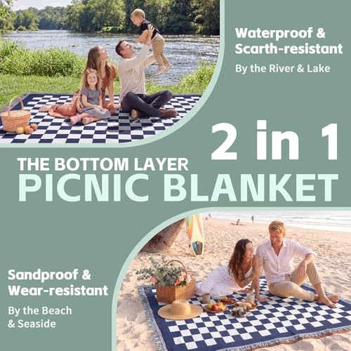 2 in 1 Extra Large Boho Beach Blanket Towel Giant Woven Outdoor Picnic Mat Camping Gear Cruise Essential 2025 Summer Vacation Must Have Airplane Travel Accessories Costa Rica Bahamas Hawaii Trip Stuff - color: Checkered Blue