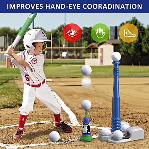 QDRAGON 2 in 1 T Ball Sets for Kids 3-5 5-8, Tee Ball Set with Automatic Pitching Machine/Adjustable Batting Bat & Stand/6 Balls, Baseball Toys Outdoor Sport for Toddlers Boys, Blue - color: Blue