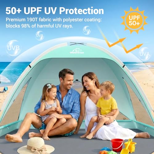 Wolfwise Large Beach Tent Sun Shelter for 3-4 Person, Spacious Sun Shade UPF 50+ UV Protection, Extendable Floor for Privacy, 3 Ventilated Mesh Windows, Carrying Bag, 95 ″x65″x55″,Mint Green - color: Mint Green