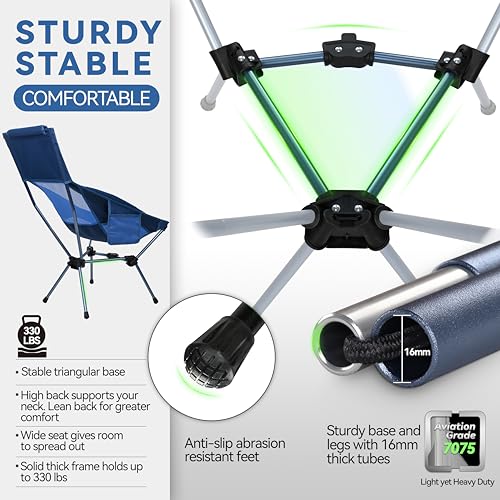 MARCHWAY Lightweight Folding High Back Camping Chair with Head Support, Stable Portable Compact for Outdoor Camp, Travel, Beach, Picnic, Festival, Hiking, Backpacking (Highback Dark Blue) - color: Highback Blue