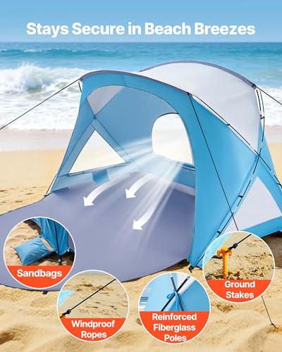 VEVOR Beach Tent Sun Shelter for 6 Person, UPF 50+, Portable Sun Shade Beach with Carrying Bag & Sand Pockets, Lightweight and Easy Setup Beach Umbrella for Family Camping Outdoor Picnic - size: 6 Person