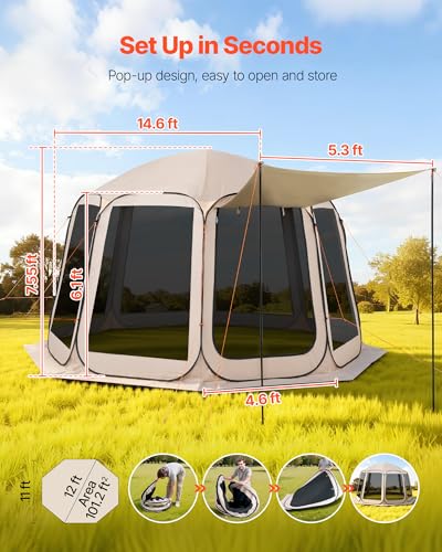 VEVOR Pop up Screen House Tent, 12 x 11 ft, 10-12 Person Screen Gazebo with Extended Awning, Portable Screened in Canopy with Carry Bag, Netting Sides, for Patio, Backyard, and Outdoor Activities - color: Beige 1, size: 12x11x7.55 FT