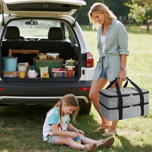 Coobiiya Insulated Casserole Carrier,Lasagna Lugger Tote Keeps Food Hot or Cold,Thermal Lunch Bag Warmer & Cooler Carrier Bag,Portable Tote Bag Fits 9" x 13" Baking Dish for Picnic and Cookout - color: Gray, size: Double Layer: 15.75 × 11.8 × 7.87 in