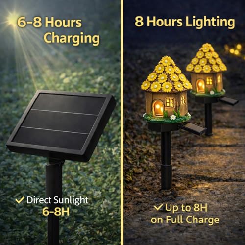 Solar Yellow Daisy Cottage Lights Outdoor, 2 Pack Waterproof Fairy Garden Pathway Lights, Hand-Painted Resin Flower House Decor for Yard Lawn Patio, Gift for Garden Lovers - style: Yellow Floral Fairy Cottage