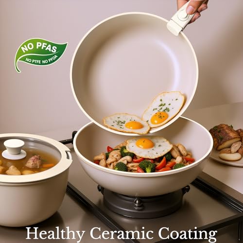 Pots and Pans Set Non Stick, Ceramic Cookware Set Detachable Handle, RV Camping Kitchen Cooking Set Removable Handles, Dishwasher/Oven/Fridge Safe, Induction, Space Saving，Cream White - color: Cream White