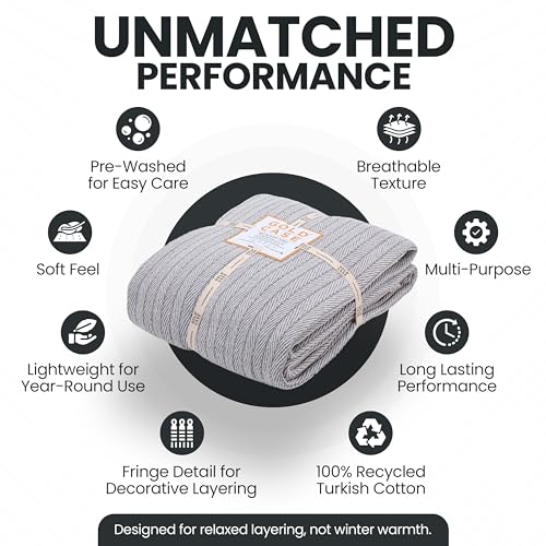 Gold Case Throw Blanket for Bed - 100% Recycled Turkish Cotton Blanket - Vintage Lightweight Soft Throw Blankets for Bed & Living Room - Queen Size Cozy Blankets - 90x90 - Grey - color: Vintage Grey, size: 90x90"