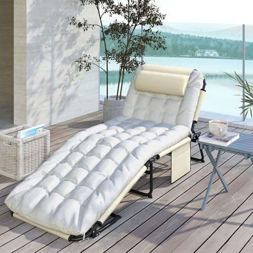 Outsunny Folding Chaise Lounge with 4-Level Reclining Back, Outdoor Tanning Chair with Cushion, Outdoor Lounge Chair with Breathable Mesh Fabric, Side Pocket, Headrest, Beige - color: Beige