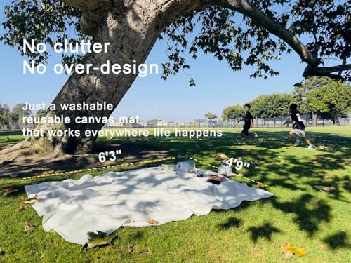 White Picnic Blanket & Beach Mat – Canvas, Machine Washable, Large 4’9” × 6’3” - color: Creamy White + Baby Blue Strap, size: 4'9" x 6'3"