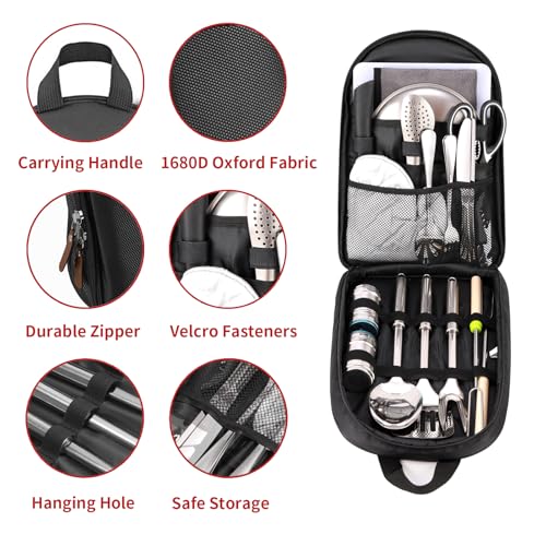 Portable Camping Kitchen Utensil Set-27 Piece Cookware Kit, Stainless Steel Outdoor Cooking and Grilling Utensil Organizer Travel Set Perfect for Travel, Picnics, RVs, Camping, BBQs, Parties and More - color: Back-No shoulder strap