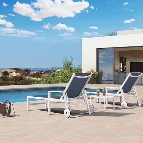 PURPLE LEAF Lounge Chair Outdoor Set 2 Pieces White Aluminum Chaise Lounge with Armrest and Wheels for Pool Deck Patio, Indigo - color: Indigo, style: Straight-leg w/ Armrest