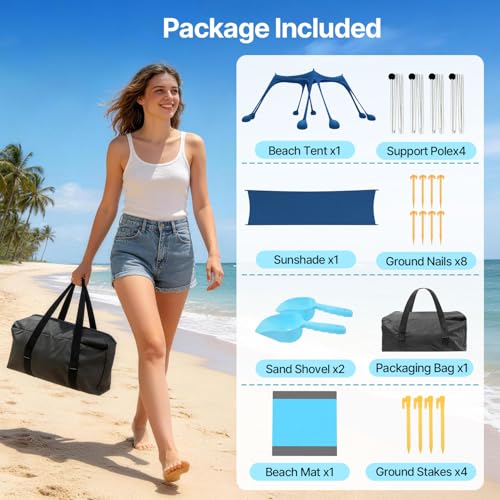 Suteck Beach Tent Sun Shelter with Sidewall, Easy Set Up 10x10ft Beach Canopy, Outdoor Sun Shade with UPF 50+UV Protection, 8 Sandbags, 4 Stability Poles for Camping, Fishing or Picnics(Navy Blue) - color: Navy Blue