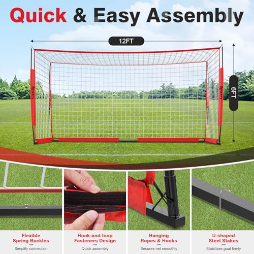 Portable Soccer Goal, Detachable 12x6 FT Soccer Goals Net for Backyard, Quick Setup Training Equipment with 1 Carry Bag, 12 Training Cones - color: Red
