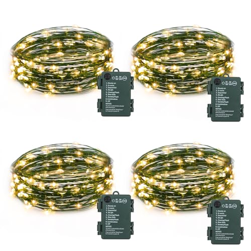 4 Pack Fairy Lights Battery Operated, 16.4 Ft 50 LED Starry Fairy Lights with Auto Timer Dark Green Copper Wire Twinkle Lights for Wedding Bedroom Christmas Decor (Warm White) - color: Warm White-Green Wire