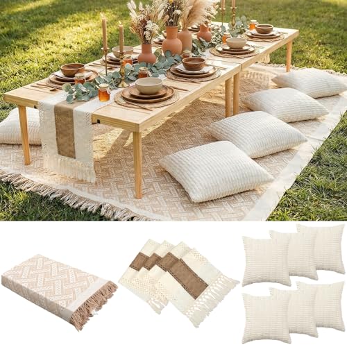 Beeveer Extra Large Outdoor Boho Picnic Blanket 118'' x 71'' Beige White Table Runner 6 Throw Pillow Cover Woven Cotton Yarn Oversize Beach Blanket Washable for Picnic Camp Wedding - color: Beige White, size: Fit 8-10 People 118'' X 71''