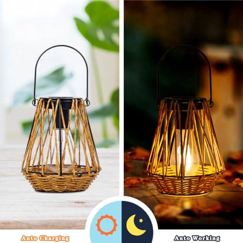 Solar Lanterns,2 Pack Hanging Solar Lantern Outdoor Lanterns for Patio Waterproof,Rattan Lantern with Handle,Decorative Retro Rattan Lights for Yard - style: Ranttan-2