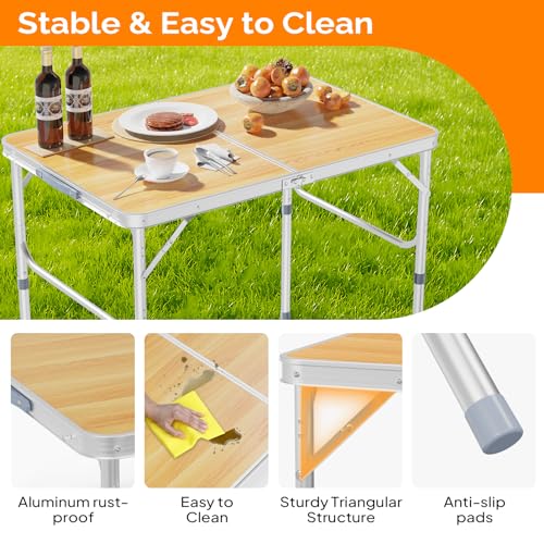 VINGLI 3FT Small Camping Table Adjustable Height Aluminum Folding Table for Picnic Party BBQ, Plastic RV Suitcase Table Portable Lightweight Fold Up Utility Outdoor Tables with Carrying Handle … - color: Natural, size: 3ft