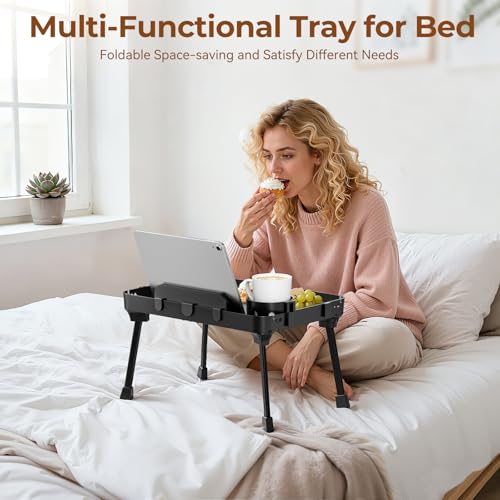 KDD Bed Tray Table with Folding Legs,Breakfast Tray with Removable Cup Holder & Phone Tablet Holder,Foldable Lap Tray for Bed, Sofa,Laptop Desk,Working,Snack, Kitchen Serving Tray,TV Table,Reading