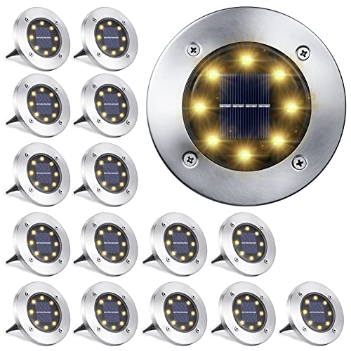 LYHOPE Solar Ground Light Outdoor, 16 Pack 8 LED Solar Disk Lights Waterproof Garden In-ground Pathway Lights Landscape Lighting for Lawn,Yard,Deck,Patio,Walkway (Warm White) - color: Warm White, size: 16 Pack