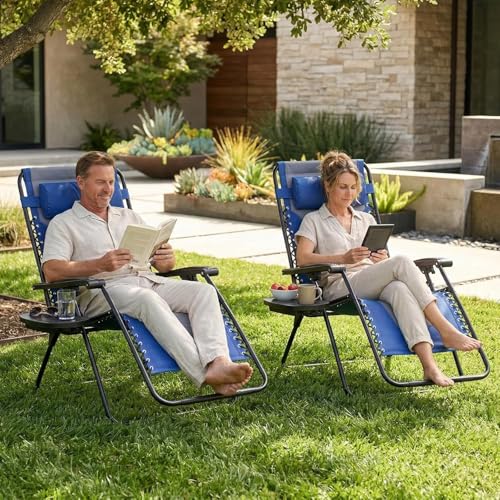 Simple Deluxe Relaxing Recliners Patio Chairs Adjustable Steel Mesh Zero Gravity Lounge Chair Beach Chairs with Pillow and Cup Holder, Blue Grey - color: Blue Grey, size: 62.2"(L) x 29.13"(W) x 41.73"(H)