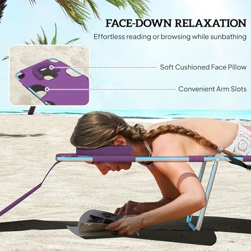 Outsunny Chaise Lounge Chair Outdoor with Face Arm Hole, 5-Position Reclining Face Down Tanning Chair with Carry Strap, Side Pocket, Portable Folding Bed Cot for Patio Beach Pool, Purple - color: Purple, size: 1 Piece