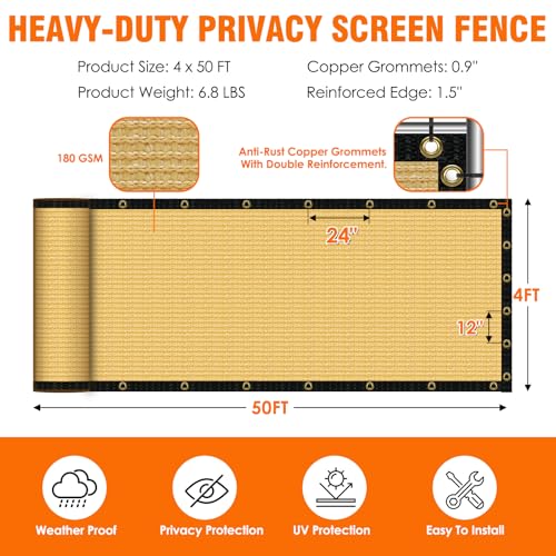 AOSION 4' x 50' Privacy Screen Fence, Heavy Duty 180 GSM Fencing Mesh Net Cover for Outdoor Wall Garden Yard Chain Link, – Easy Installation, UV-Resistant, Fence Privacy with Gloves & Zip Ties, Beige - size: 4' x 50' Beige