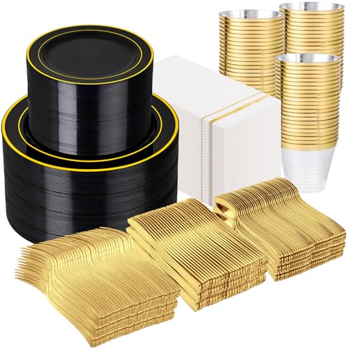 GATHER 700PCS Black Plastic Plates - Gold Disposable Plastic Dinnerware Set Include 200 6.3inch/9inch Black Plates, 300 Silverware, 100 Napkins, 100 Cups for Party & Wedding & Birthday - color: Black, size: 100 Guests
