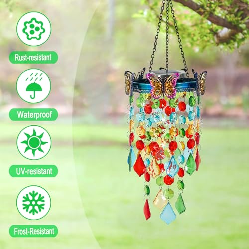 Hanging Solar Lanterns Outdoor Chandelier,Colorful Metal Butterfly with Acrylic Crystal Wind Chimes for Outside,Solar Lights Color Changing LED Outdoor Decorative for Paito,Porch,Yard - color: Butterfly