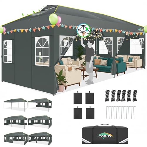 COBIZI 10x20 Pop Up Canopy Tent with 6 Sidewalls One Push Setup Outdoor Commercial Gazebo Waterproof UPF 50+ Party Tent with Carry Bag,Air Vent,Sandbag Tents for Parties,Wedding,Backyard,Gray - color: Grey(1-year warranty), size: 10x20