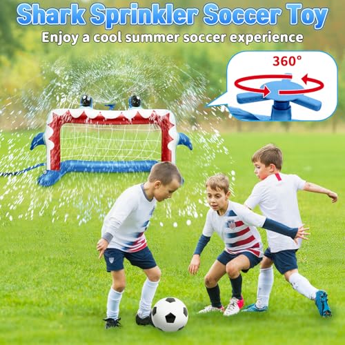 Intoypad Water Sprinkler Soccer Toys, Inflatable Shark Soccer Goal Sprinkler with a Soccer Ball Backyard Outdoor Summer Toys for Boys Girls Outside Yard Water Football Game Toys for Kids Ages 3-8