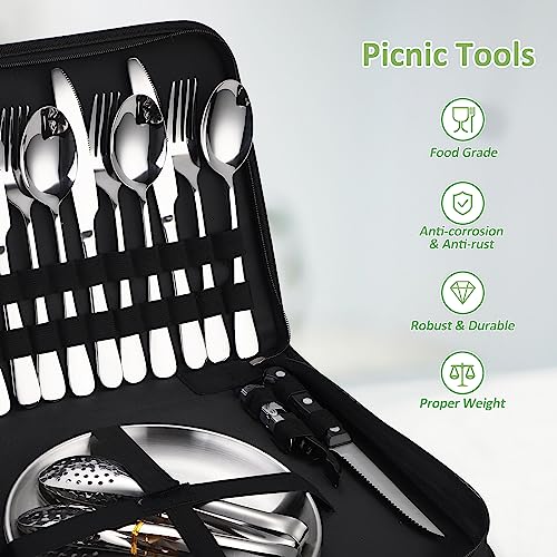 Camping Silverware Kit Cutlery Organizer Utensil Picnic Set Stainless Steel Plate Spoon Clip and Serrated Knife Wine Opener Fork Napkin Hiking - Camp Kitchen BBQ’s - color: Camping Silverware Set-24set