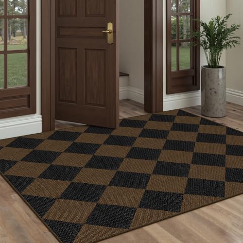 Rugalia Easy Jute Small Outdoor Patio Rug, 3x5 Coffee Checkered Entryway Rug Washable Modern Diamond Kitchen Rugs, Non-Slip Neutral Farmhouse Throw Carpet for Living Room Porch Backyard - color: Coffee Checkered, size: 3' x 5' (Rectangular)