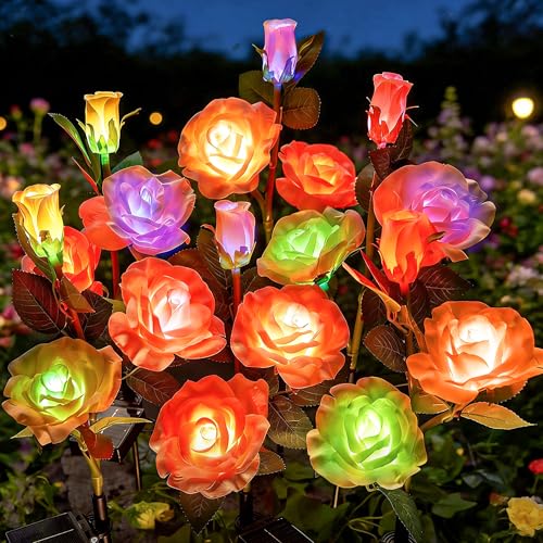 Brightown Outdoor Solar Flower Lights, 4 Pack 7-Color Changing Solar Garden Lights with Larger & More Realistic Rose, Bigger Solar Panel, Waterproof Solar Lights for Yard Garden Lawn Pathway Decor - color: 7 Color Rose