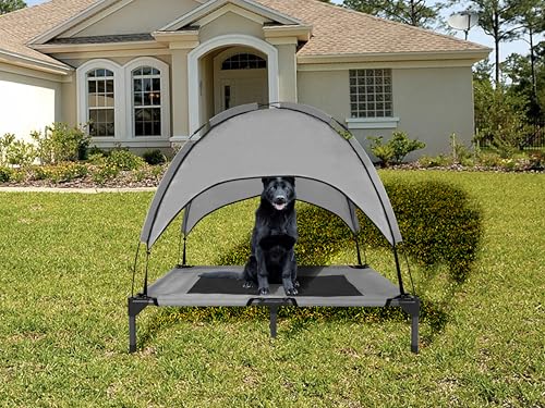 35 Inch Elevated Dog Bed with Canopy, Waterproof & Breathable Medium Cooling Dog Bed with Removable Shade Tent for Camping, Beach, Backyard, Grey