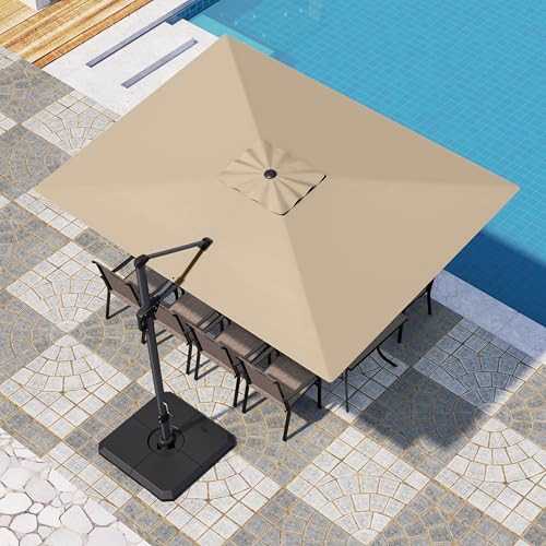 PHI VILLA 9'x12' Outdoor Patio Deck Umbrella with Base. 360° Rotation & 6-Level Tilt with Easy Crank Handle. Rectangle Offset Cantilever Umbrella Heavy Duty for Garden Poolside Backyard (Beige) - color: Beige, size: 9'x12'- With Base